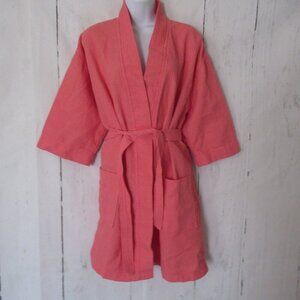 Chakir Linen Robe One Size S M L XL Coral Waffle Knit 3/4 Sleeve Turkish Pockets